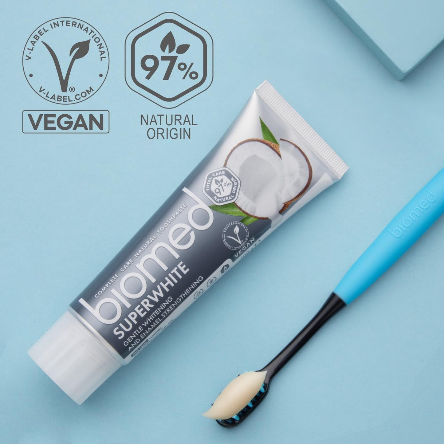 BIOMED Superwhite 97% Natural Whitening Toothpaste Enamel Strengthener Coconut Flavor Vegan Friendly SLES Free 100g