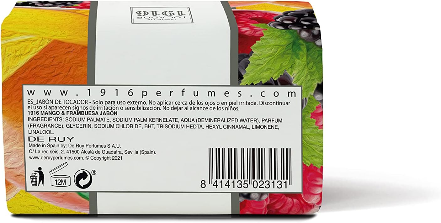 1916 - Mango y Frambuesa 200 gr, Jabón Natural, Piel Limpia y Perfumada, Jabón en Pastilla, Método Tradicional, Jabón de Manos y Facial, Flor y Fruta Mediterránea, Fragancia Deliciosa