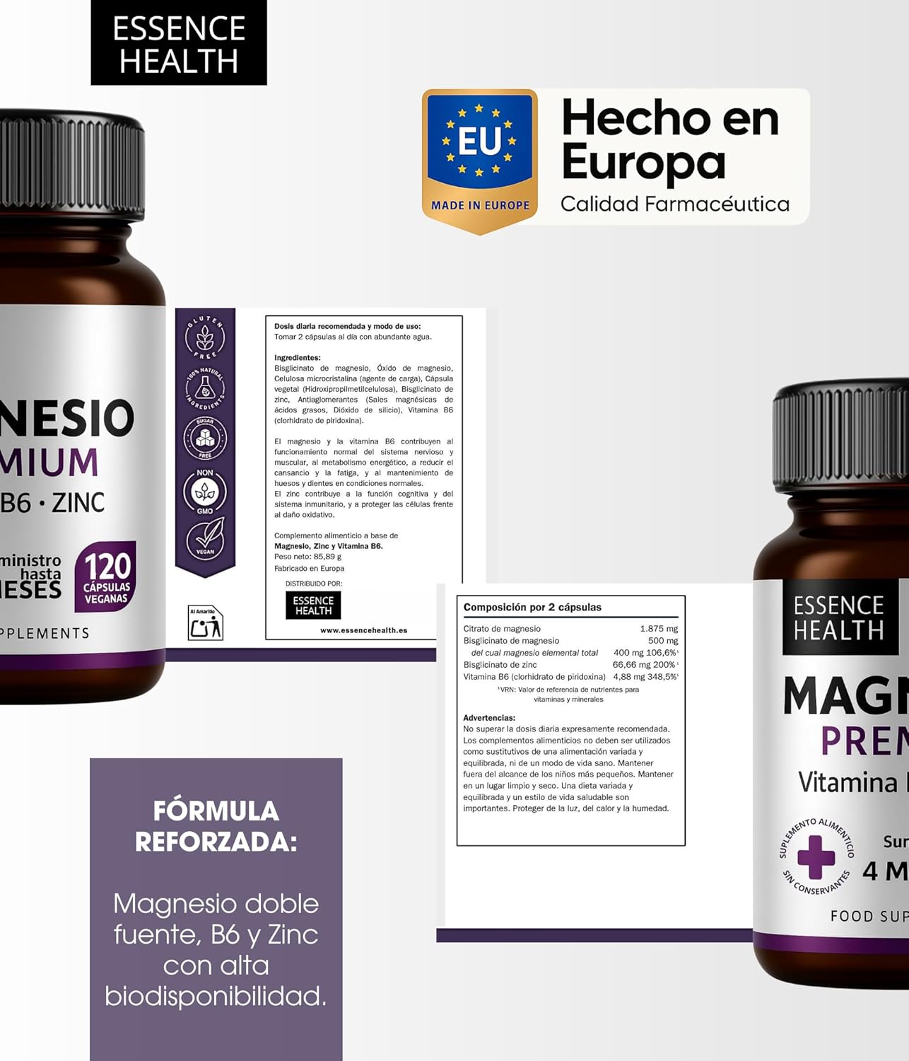 Premium Magnesium Complex 2446mg | High Absorption Bisglycinate + Citrate + Zinc + B6 | 120 Vegan Capsules | Muscle Support, Stress & Energy | 4 in 1
