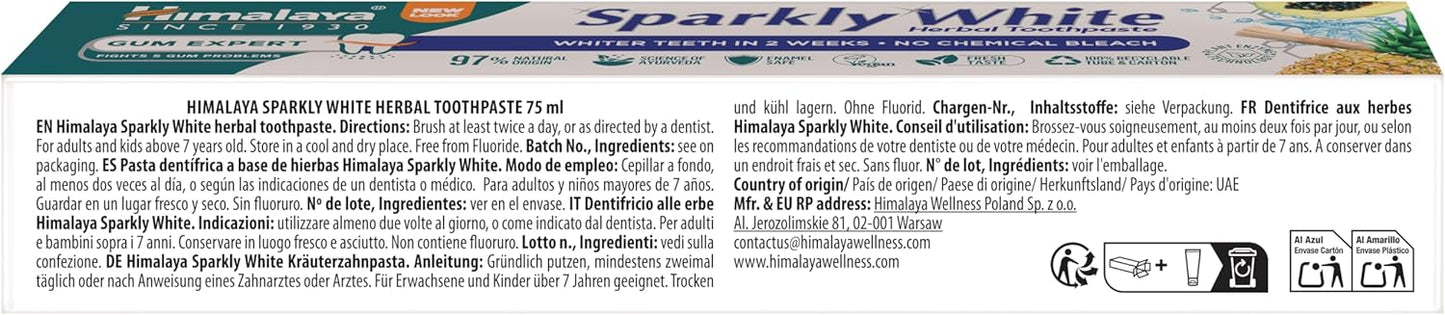 Himalaya Herbals Sparkly White Herbal Vegetarian Toothpaste for whitening teeth with advanced plague removal|Anti-inflammatory 12-Hour Germ Protection- 75ml