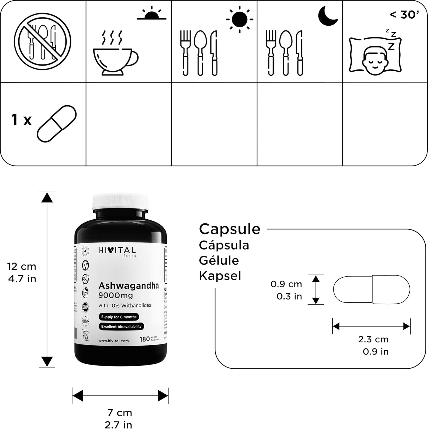 Ashwagandha 9000 mg. 180 Vegan Capsules for 6 Months of Treatment. Natural Extract from Withania Somnifera with 10% Withanolides. Indian Ginseng. Maximum absorption. Made in Spain by HIVITAL