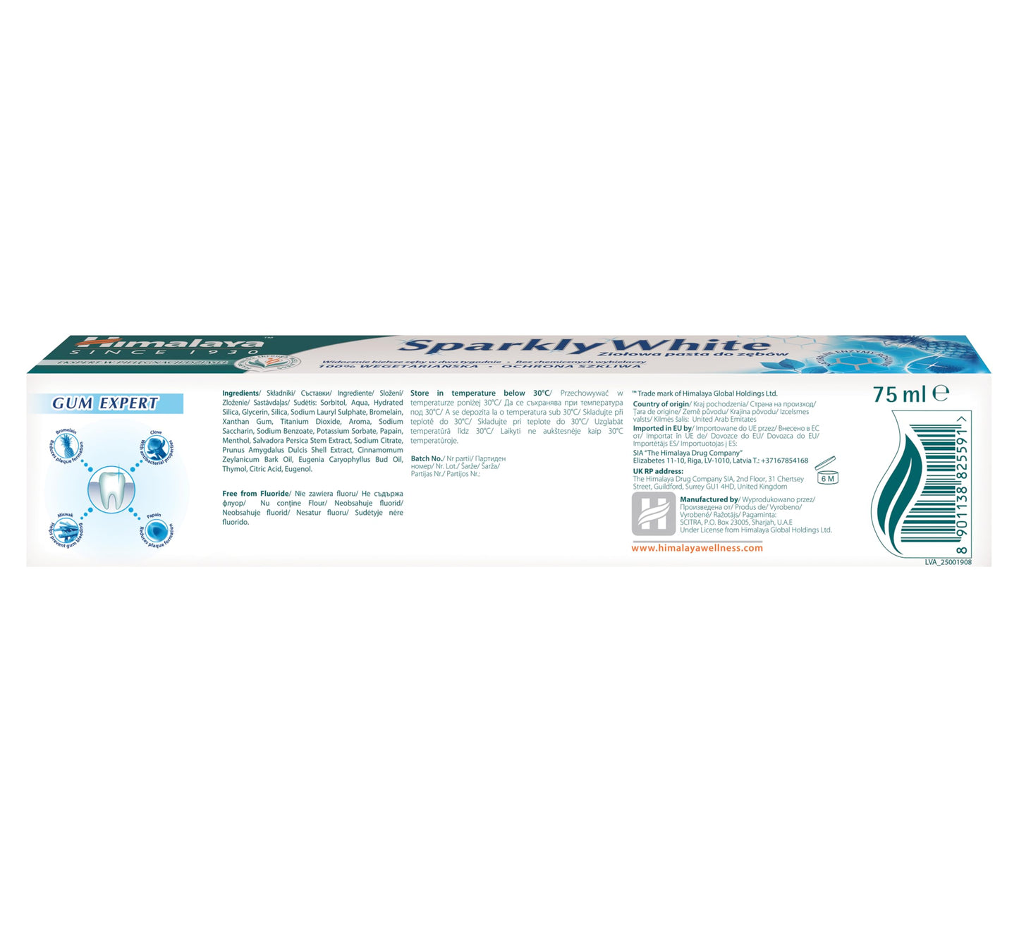 Himalaya Herbals Sparkly White Herbal Vegetarian Toothpaste for whitening teeth with advanced plague removal|Anti-inflammatory 12-Hour Germ Protection- 75ml