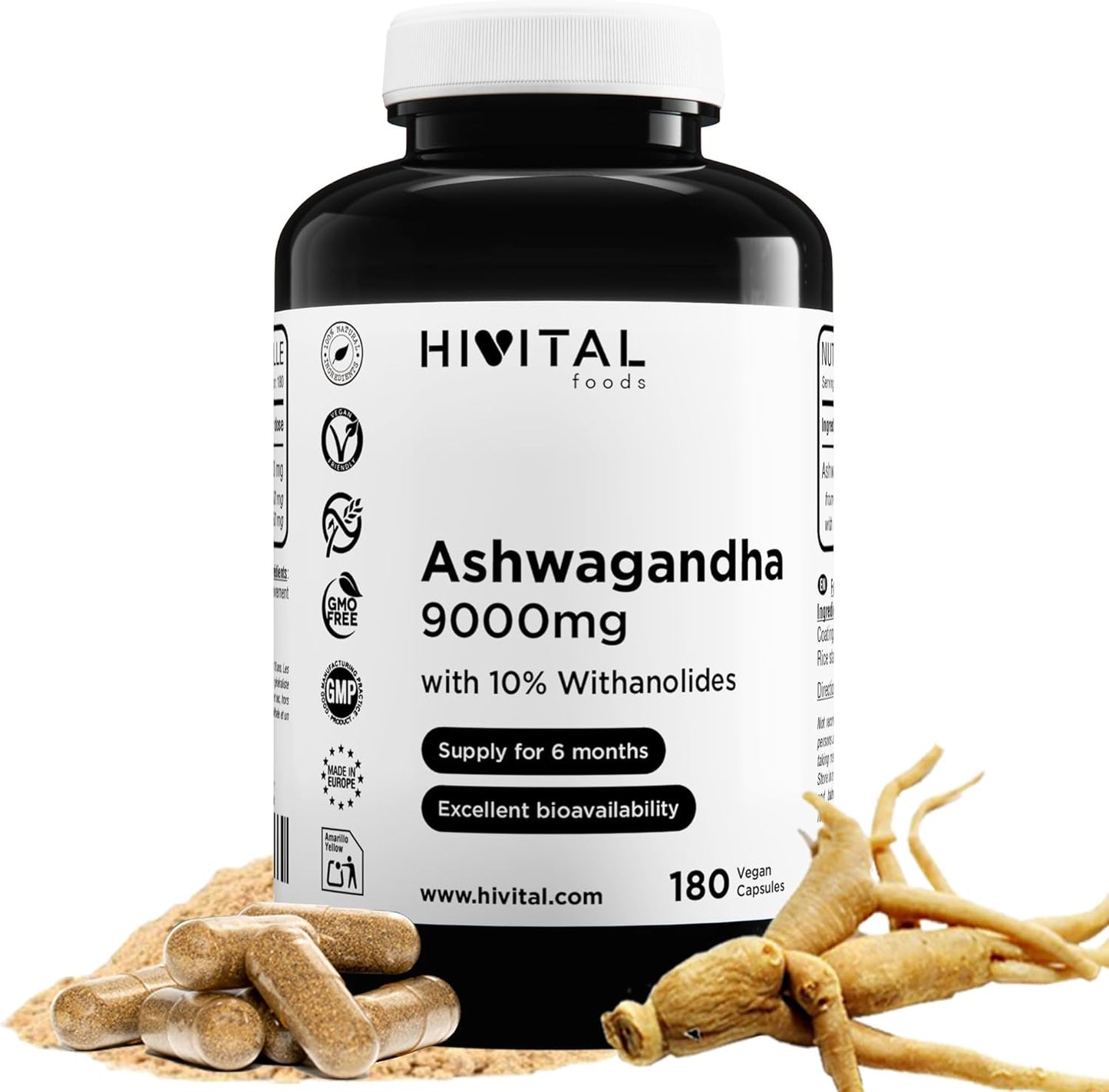 Ashwagandha 9000 mg. 180 Vegan Capsules for 6 Months of Treatment. Natural Extract from Withania Somnifera with 10% Withanolides. Indian Ginseng. Maximum absorption. Made in Spain by HIVITAL