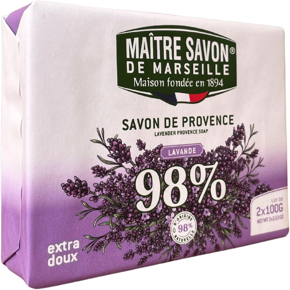 Maître Savon de Marseille - Jabón de Provenza Lavanda – Extra Suave – 2x100g – 99% Ingredientes Naturales – Manos & Cuerpo