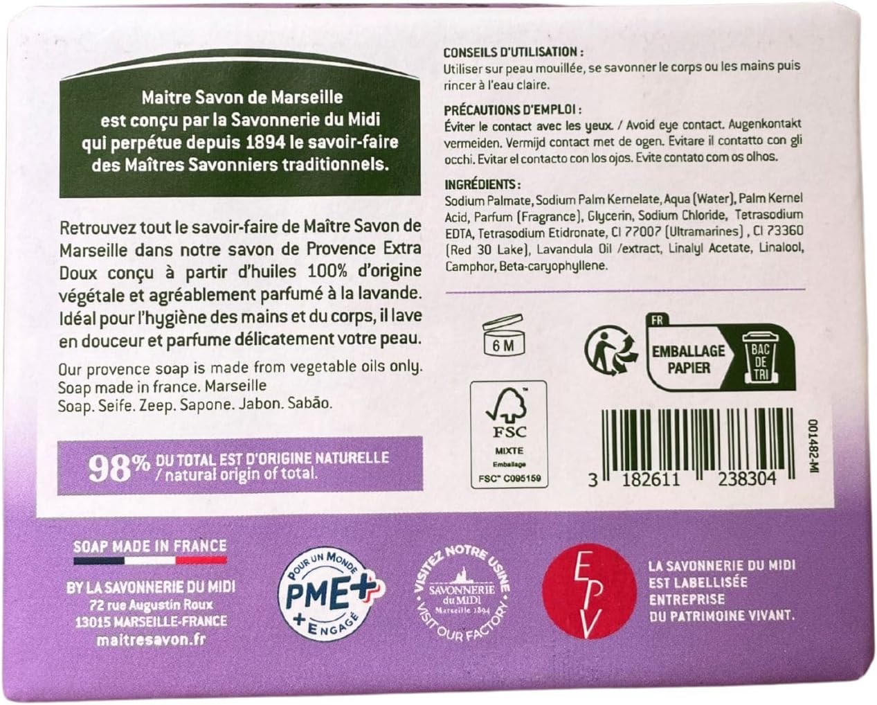 Maître Savon de Marseille - Jabón de Provenza Lavanda – Extra Suave – 2x100g – 99% Ingredientes Naturales – Manos & Cuerpo