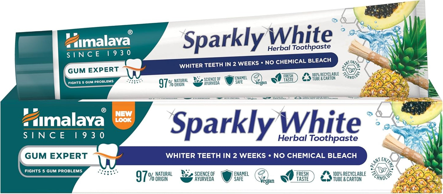 Himalaya Herbals Sparkly White Herbal Vegetarian Toothpaste for whitening teeth with advanced plague removal|Anti-inflammatory 12-Hour Germ Protection- 75ml
