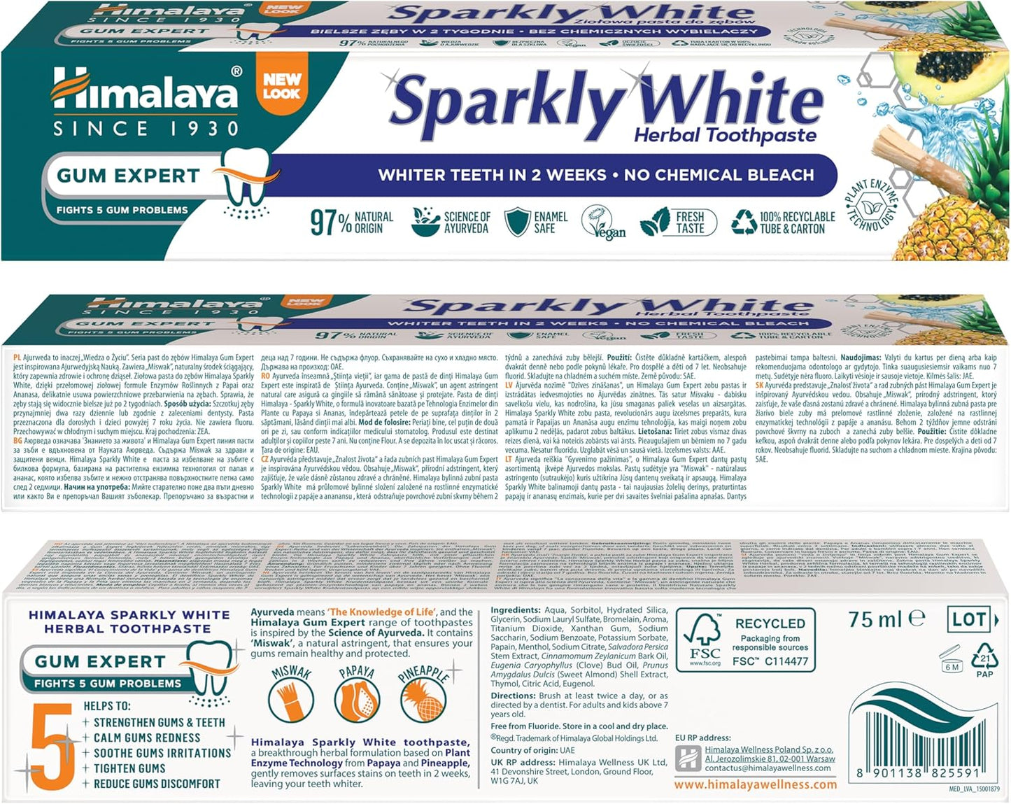 Himalaya Herbals Sparkly White Herbal Vegetarian Toothpaste for whitening teeth with advanced plague removal|Anti-inflammatory 12-Hour Germ Protection- 75ml