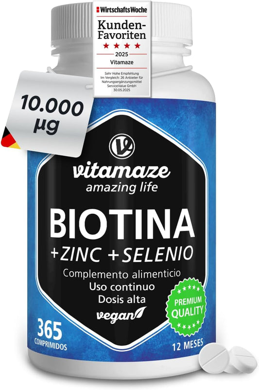 Biotin 10,000 mcg Zinc and Selenium (1 Year) - Biotin for Hair, Skin and Nails - Hair Growth and Anti-Hair Loss - Vitamins for Strong Hair and Nails - No Additives, Vitamaze
