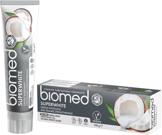 BIOMED Superwhite 97% Natural Whitening Toothpaste Enamel Strengthener Coconut Flavor Vegan Friendly SLES Free 100g