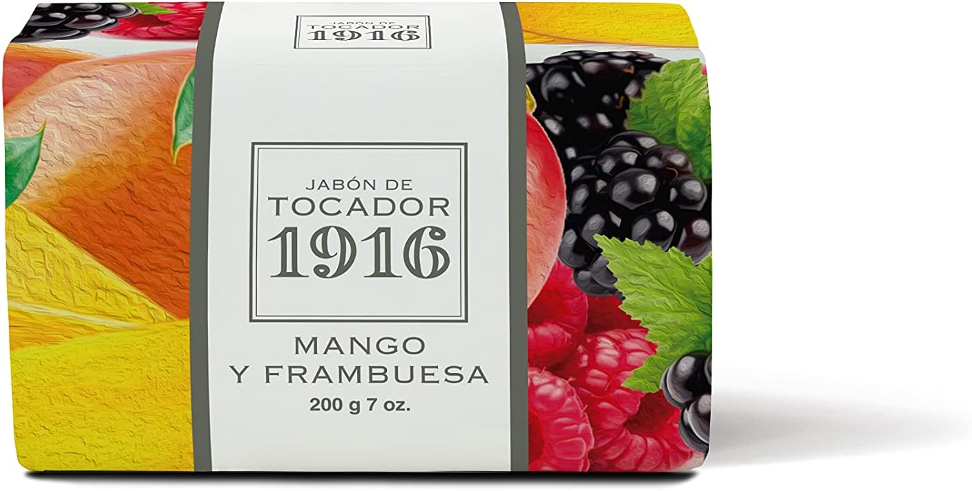 1916 - Mango y Frambuesa 200 gr, Jabón Natural, Piel Limpia y Perfumada, Jabón en Pastilla, Método Tradicional, Jabón de Manos y Facial, Flor y Fruta Mediterránea, Fragancia Deliciosa