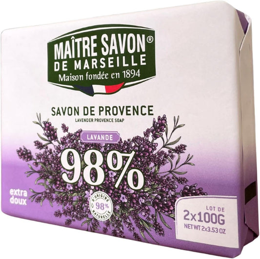 Maître Savon de Marseille - Jabón de Provenza Lavanda – Extra Suave – 2x100g – 99% Ingredientes Naturales – Manos & Cuerpo