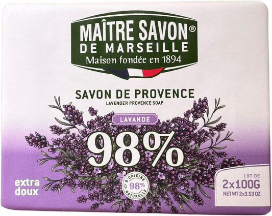 Maître Savon de Marseille - Jabón de Provenza Lavanda – Extra Suave – 2x100g – 99% Ingredientes Naturales – Manos & Cuerpo