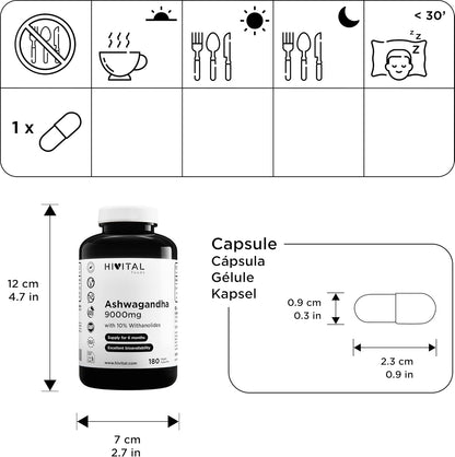 Ashwagandha 9000 mg. 180 Vegan Capsules for 6 Months of Treatment. Natural Extract from Withania Somnifera with 10% Withanolides. Indian Ginseng. Maximum absorption. Made in Spain by HIVITAL