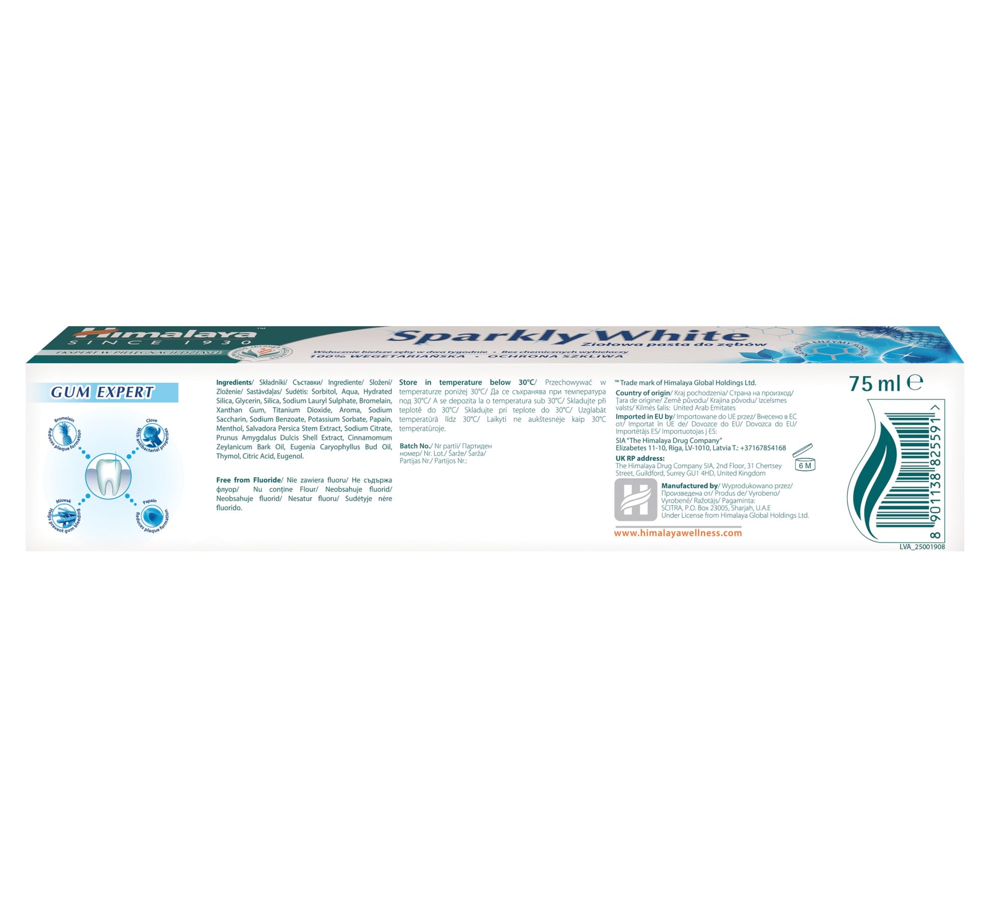Himalaya Herbals Sparkly White Herbal Vegetarian Toothpaste for whitening teeth with advanced plague removal|Anti-inflammatory 12-Hour Germ Protection- 75ml