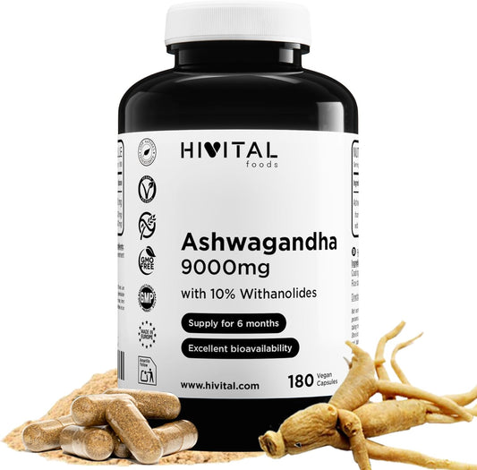 Ashwagandha 9000 mg. 180 Vegan Capsules for 6 Months of Treatment. Natural Extract from Withania Somnifera with 10% Withanolides. Indian Ginseng. Maximum absorption. Made in Spain by HIVITAL