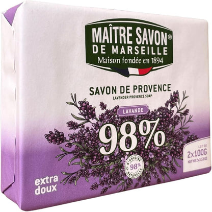 Maître Savon de Marseille - Jabón de Provenza Lavanda – Extra Suave – 2x100g – 99% Ingredientes Naturales – Manos & Cuerpo