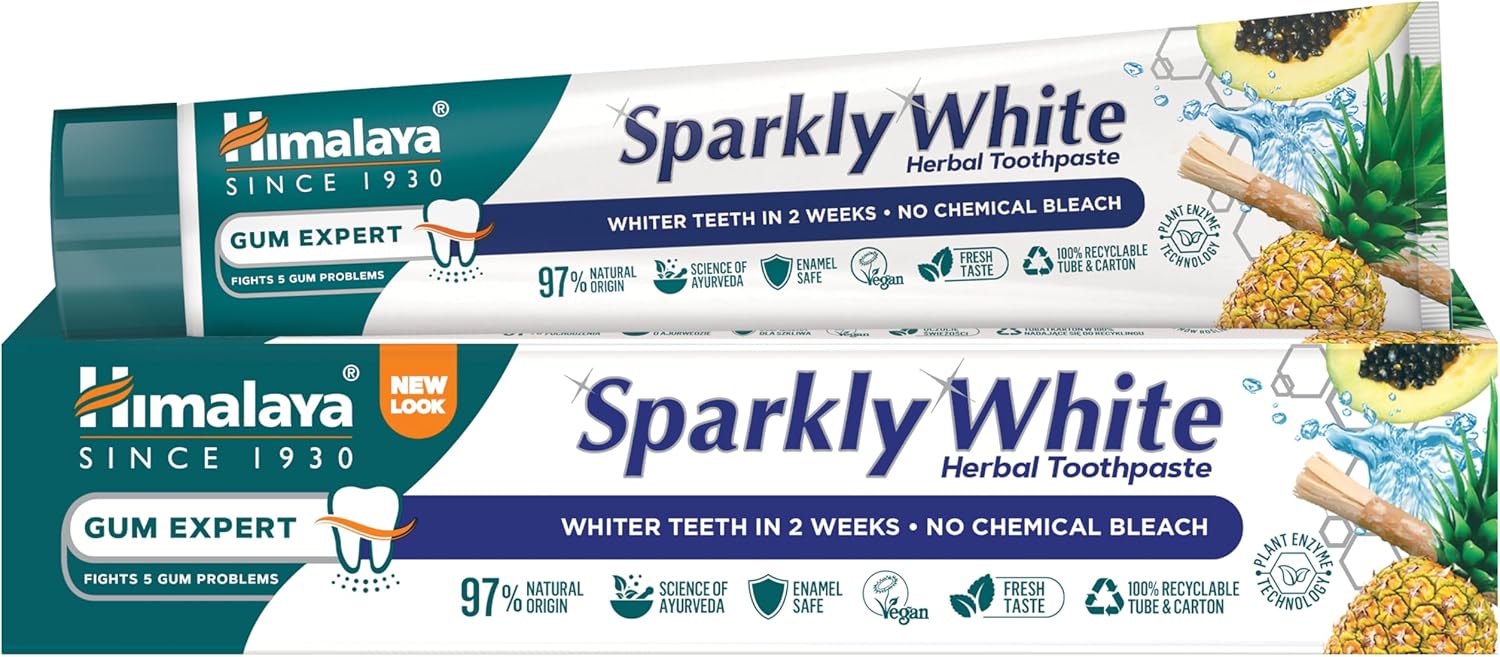 Himalaya Herbals Sparkly White Herbal Vegetarian Toothpaste for whitening teeth with advanced plague removal|Anti-inflammatory 12-Hour Germ Protection- 75ml