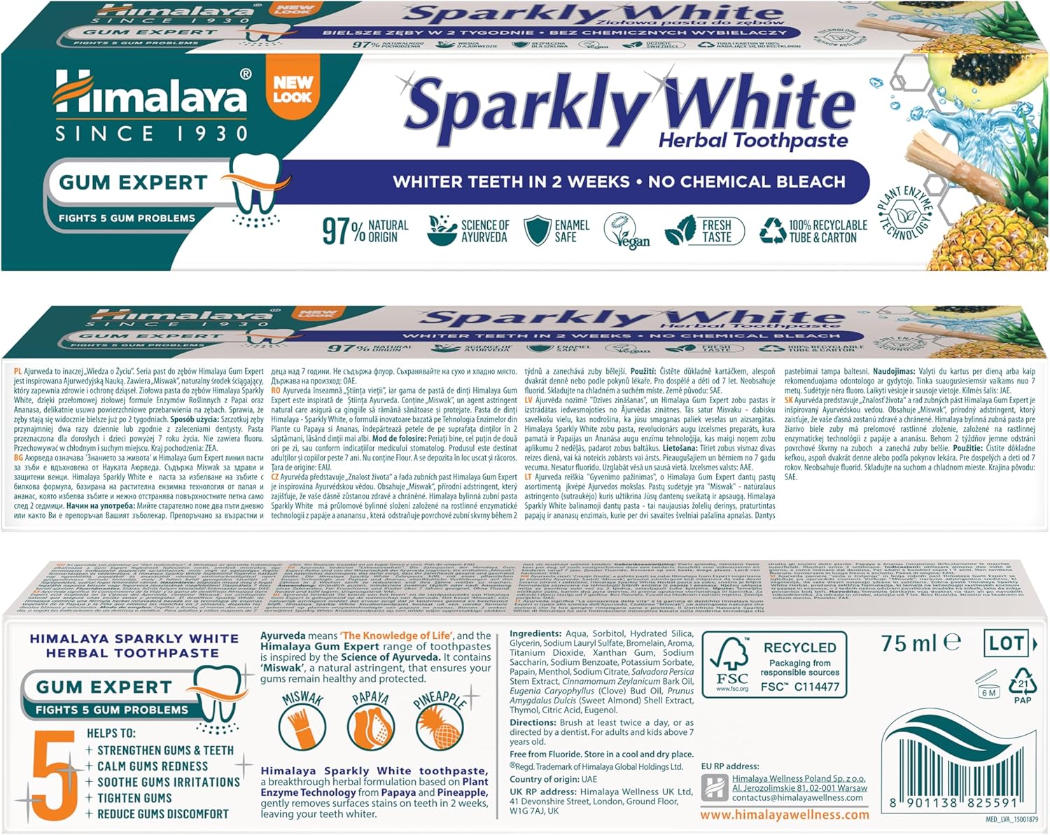 Himalaya Herbals Sparkly White Herbal Vegetarian Toothpaste for whitening teeth with advanced plague removal|Anti-inflammatory 12-Hour Germ Protection- 75ml