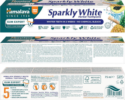 Himalaya Herbals Sparkly White Herbal Vegetarian Toothpaste for whitening teeth with advanced plague removal|Anti-inflammatory 12-Hour Germ Protection- 75ml