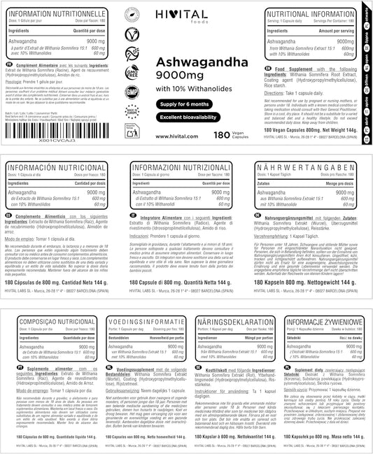 Ashwagandha 9000 mg. 180 Vegan Capsules for 6 Months of Treatment. Natural Extract from Withania Somnifera with 10% Withanolides. Indian Ginseng. Maximum absorption. Made in Spain by HIVITAL